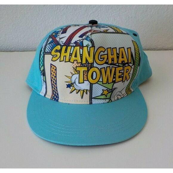 Shanghai Tower Comic Book Graphic Theme Baseball Hat Cap Light Blue - Picture 1 of 9